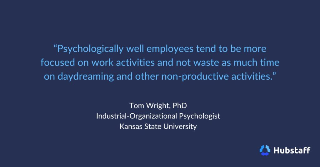 “Psychologically well employees tend to be more focused on work activities and not waste as much time on daydreaming and other non-productive activities.”