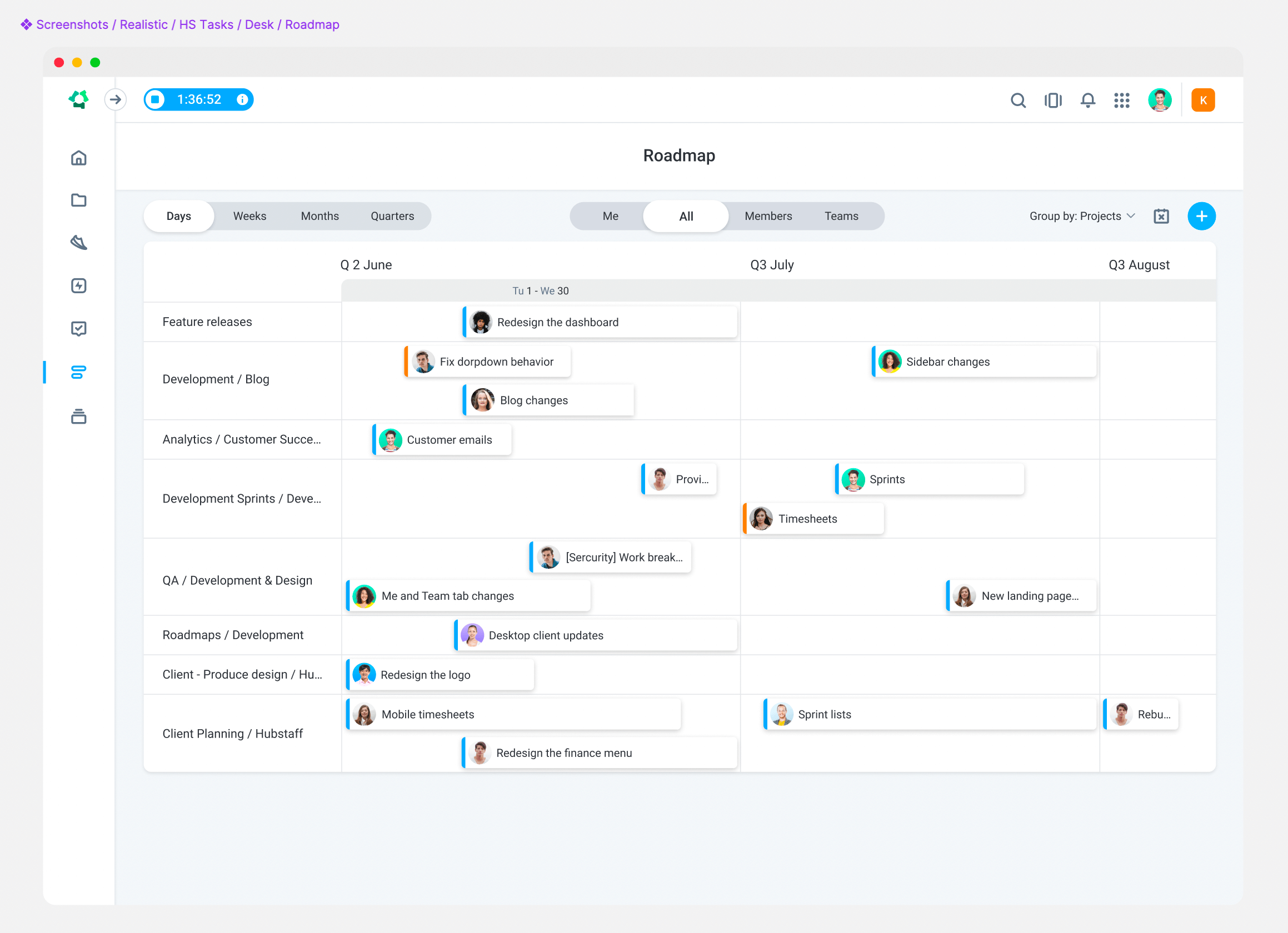 A screenshot of a Gantt chart timeline in Hubstaff Tasks