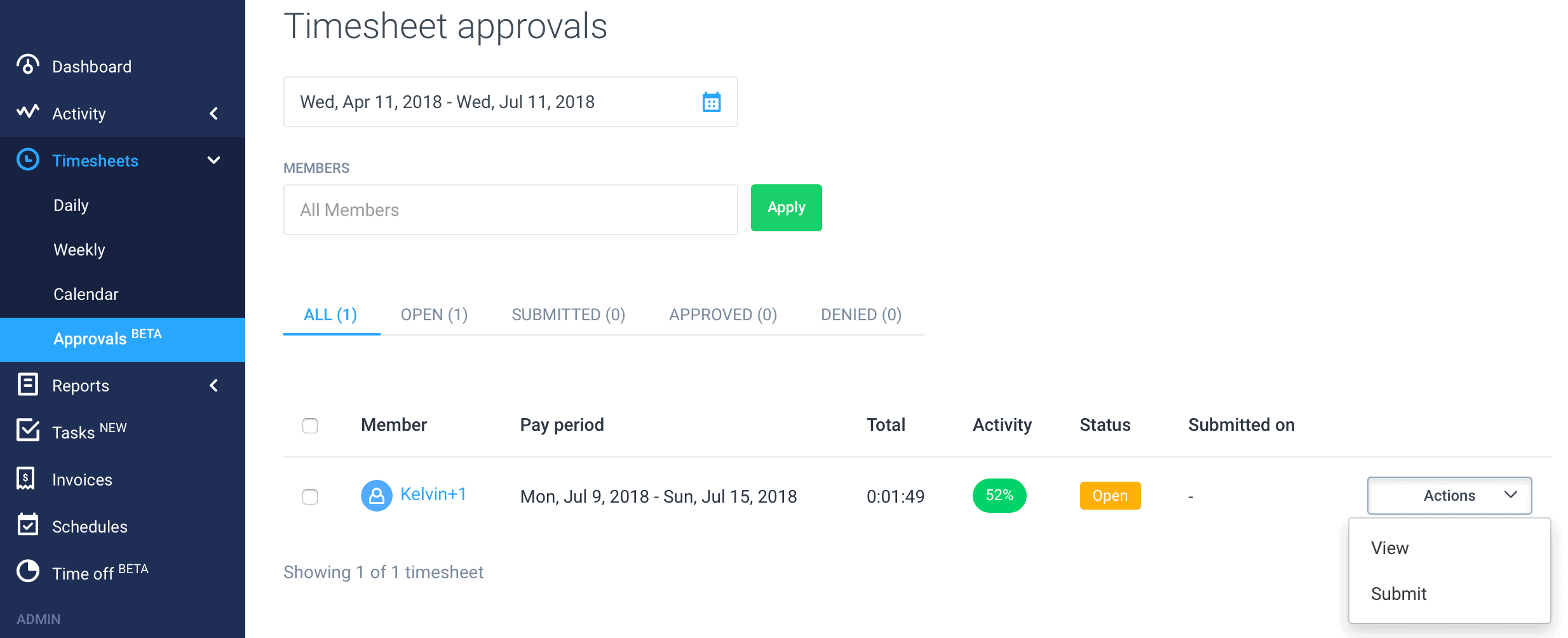 reviewing timesheet approvals in Hubstaff