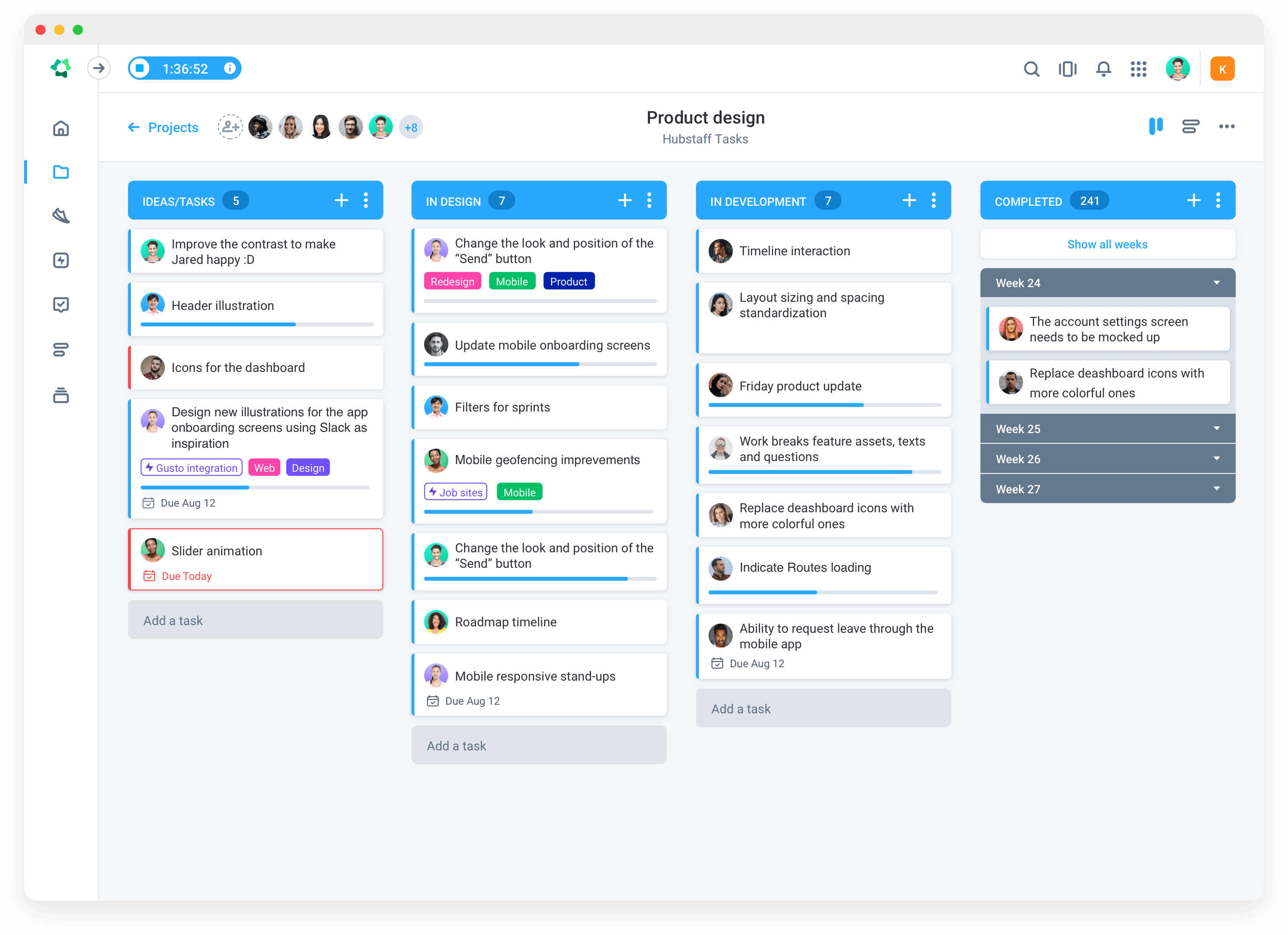 Screenshot of the Kanban view of Hubstaff's project management software Hubstaff Task