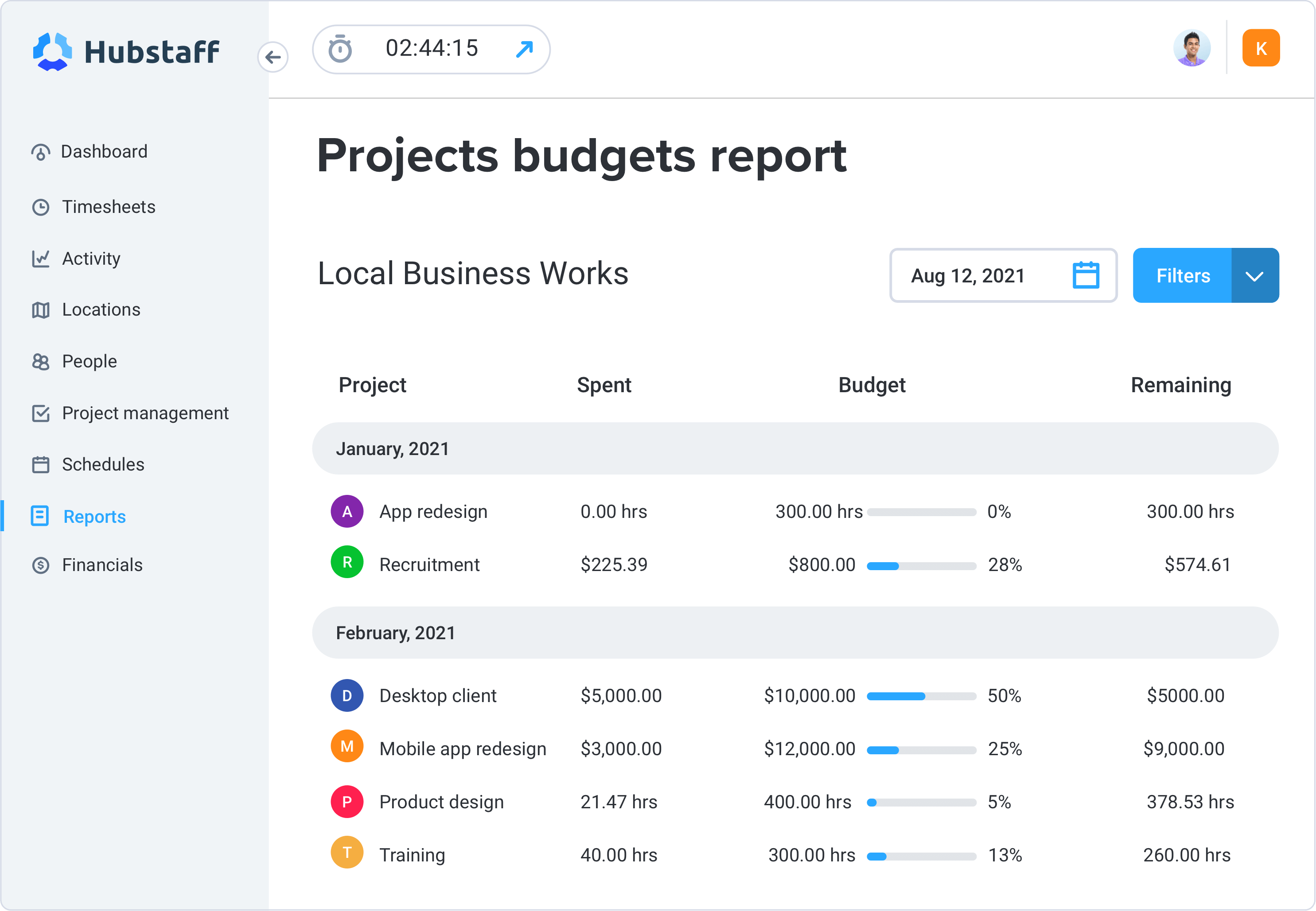 A screenshot of Hubstaff expense tracking software