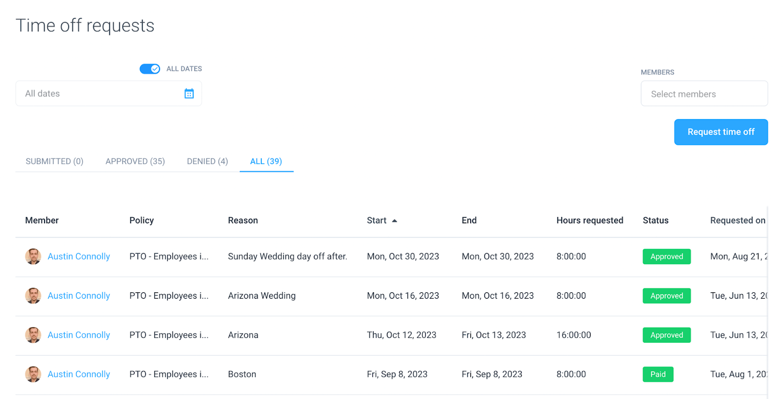 Hubstaff's time off requests interface