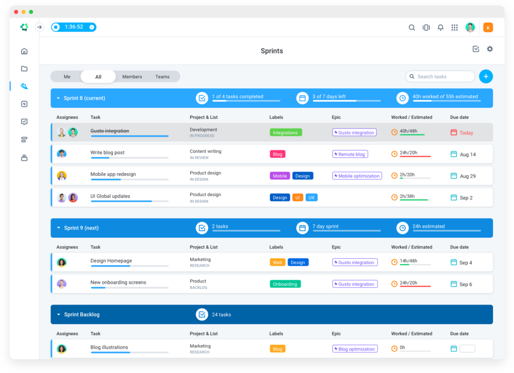 Screenshot of Hubstaff sprint management tool Hubstaff Tasks